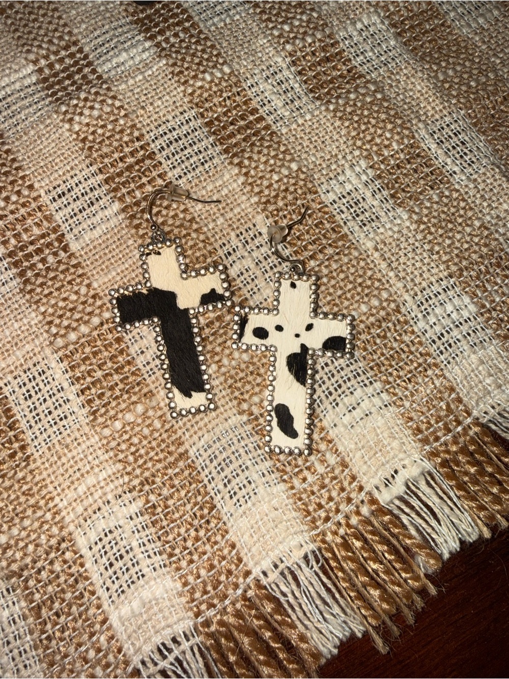 Cowhide Cross Dangle Earrings in Black and Cream